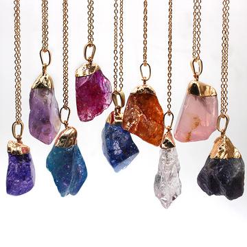 China Amazon Trendy Hot Selling Boho Amethyst Rose Quartz Raw Natural Lucky Stone Crystal Gemstone Necklace for sale