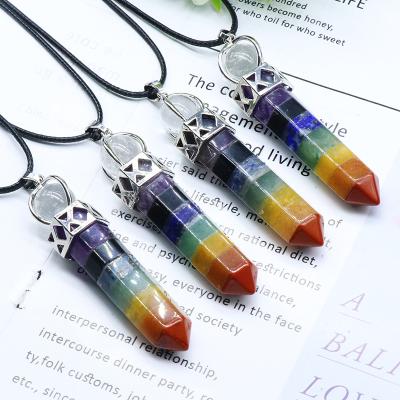 China Vintage Wholesale 7 Chakra Column Hexagonal Scepter Yoga Pendant Crystal Stone Necklace Men Pendulum for sale