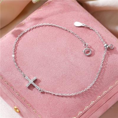 China Wholesale FASHIONABLE Bling 925 Sterling Silver Cross Pendant Link High Quality Single Chain Adjustable Bracelet for Women and Girls for sale