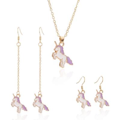 China New Trendy Simple Cute Unicorn Earring Multicolor Alloy Pendant Necklace Set Children's Cartoon Accessories Necklace for sale