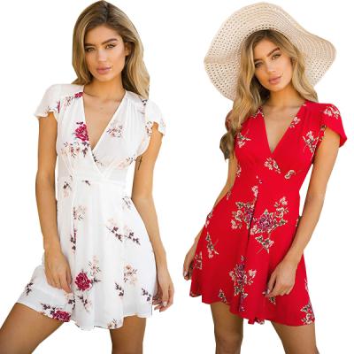 China New Summer Women's V Neck Short Sleeve High Waist Chiffon Mini Dresses Anti-Static Mini Dress Casual Party Evening for sale