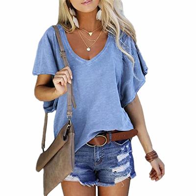 China Factory Viable Hot Selling Solid Color Summer V-Neck Shorts Sleeve Casual Women Tops Women's T-Shirt for sale