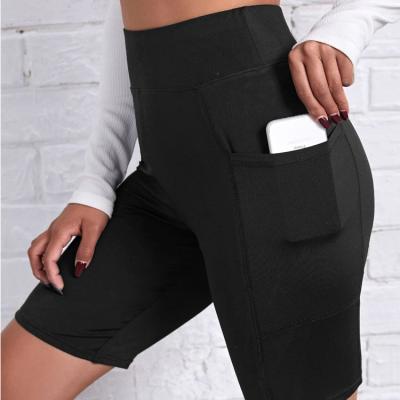 China Custom High Quality Anti-wrinkle Fashion Wide Waistband With Phone Pocket Women Biker Shorts for sale