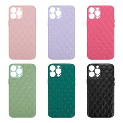 China Drop Proof Solid Color Diamond Square Tpu Pu Phone Case Shockproof Soft Leather For Iphone 13 for sale