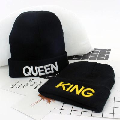 China JOINT King and Queen Fashion Winter Hats 3D Embroidery Winter Knitted Beanie Hat Black for sale