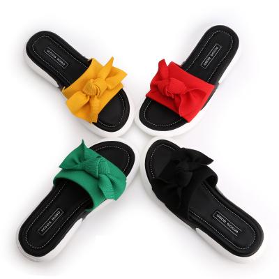 China New Thick Bottom Chiffon Cake Anti-odor Fabric Bottom Ladies Sandal High Quality Leather Bow Elastic Slipper Thick Bottom Women for sale