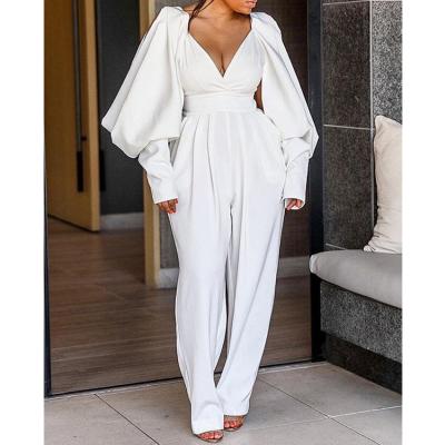 China 2021 Hot Sale Anti-Static Balloon Women Fashion Split Sleeve One Piece Plunge Overalls With Long Loose Pants Sale for sale