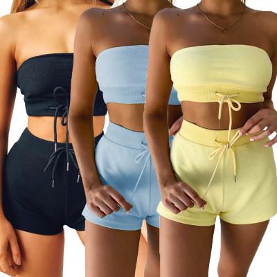 China Breathable Clothes Set Summer 2 Piece Drawstring Women Set Strapless Tops And Crop Shorts Jogging Tracksuit Outfits Women Two Piece Set for sale