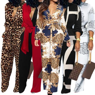 China 2021Hot Sale Wholesale Print Overalls Women Leopard Breathable Tied Waist Long Sleeve Overalls Women for sale