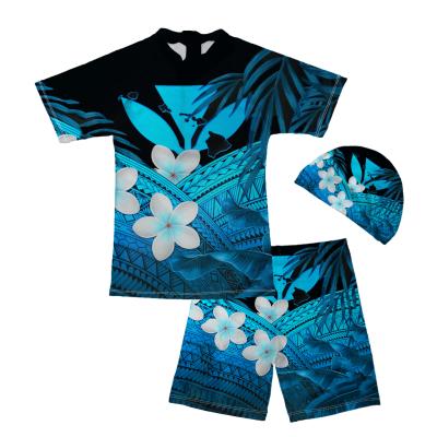 China New Design Kids Breathable Hibiscus Hawaii Polynesian Tattoo Beach 2 Pieces Set Children's Swimwear Trunk With Hat for sale