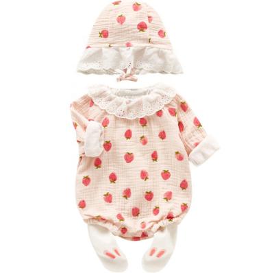 China Sweet Cute Strawberry Hat Three-piece Socks Lace White Baby Rompers Baby Clothes Rompers for sale