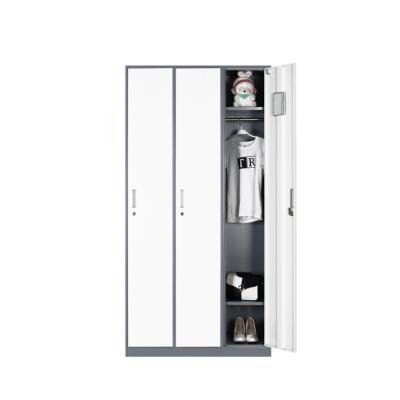 China Communal 3 Compartment Supermarket Amenities Door Cabinet Clothes Locker Metal Cabinet Steel Wardrobe for sale