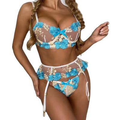 China Blue 3 Piece Polyester Sexy Underwear Embroidery Hollow Out Young Girl Women Sexy Underwear for sale