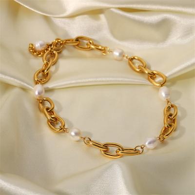 China INS Romantic Style New 12mm Oval Link Loop Pearl Necklace 18K Stainless Steel Freshwater Gold Plated Necklace For Women for sale