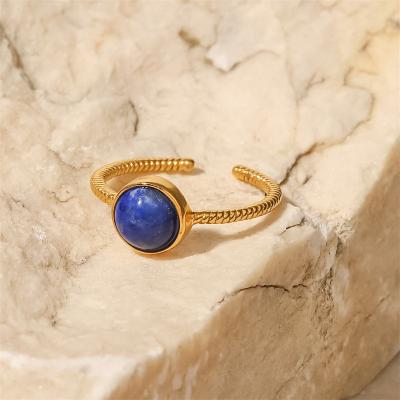 China Romantic INS Wind 18k Gold Plated Titanium Steel Round Stainless Steel Lapis Lazuli Ring Fashion Twist Design Adjustable Ring For Women for sale