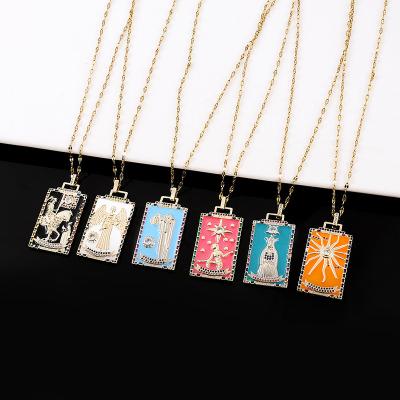 China Other Vintage 18K Gold Colored Tarot Cards Copper Plated Art Rectangle Pendant Personalized Necklace Oil Painting Accessory for sale