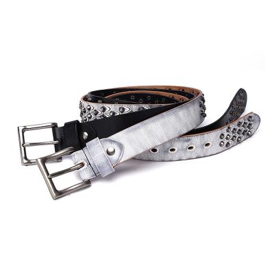 China Eco-friendly rock style nature cowhide leather alloy single buckle leather belt with metal punk rivet for jeans jacket for sale