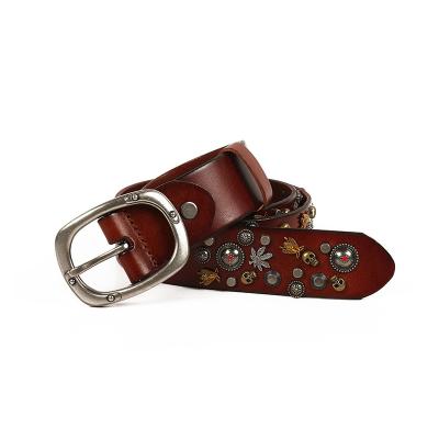 China Style Eco-friendly Gothic Brown Skull Dark Bee Embossed Pattern Metal Rivet Buckle Leather Belt For Punk Rock Clothes for sale