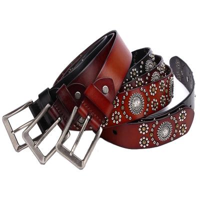 China New style eco-friendly belt women's hip-hop punk flower of individuality rivets natural genuine leather belts for garment jeans for sale