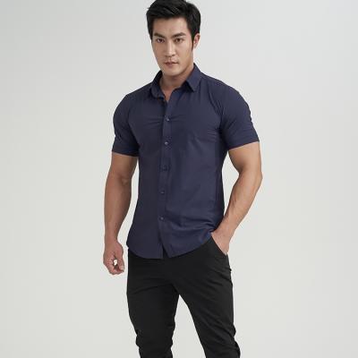 China Men's Fitness Shirt Solid Color Stretch Cotton Sleeve Quick-Dry Slim Fit Breathable Formal Short Shirt Wrinkle-Resistant for sale