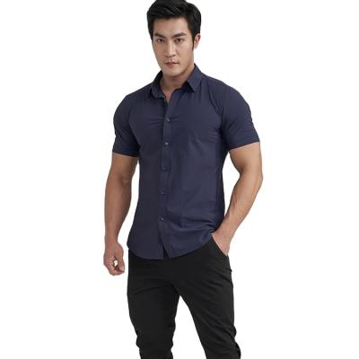 China Hot Sale Breathable Men Short Sleeve Stretch Cotton Breathable Slim Fit Shirt Quick-drying Wrinkle-Resistant Fitness Shirt for sale