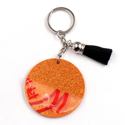 China KHS006KH1076 (1piece) 50mm Hyperbola Orange Glitter White Acrylic Key Chain With Custom Tassel Monogram Circle Around Acrylic Key Chain for sale