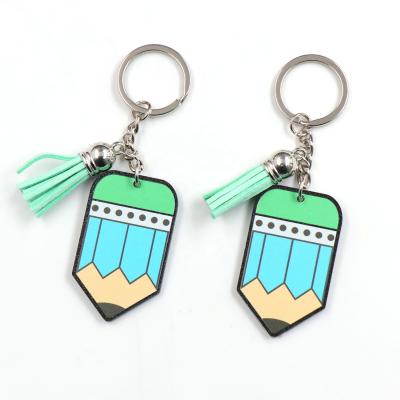 China KHS157KH1051 (1pcs) 50mm Acrylic Pencil Key Chain With Tassel Double Faced Teacher Appreciation Gift Plaid Printed Acrylic for sale