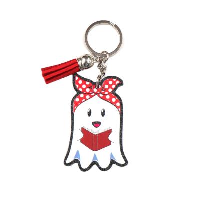 China KHS188KH1047 Ghost Metal Key Chain Halloween Gift For Her Ghost Black Glitter Reading Book With Bow Acrylic Key Chain for sale