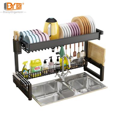 China Stainless Steel Sliver Storage Dish Shelf Kitchen Organizer 2 Tiers Black Dish Drainer Rack Useful Stored for sale