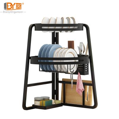 China Wholesale Type Stocked 2 Tier Black Storage Rack Kitchen Organizer Corner Dish Bowl Rack Holder for sale