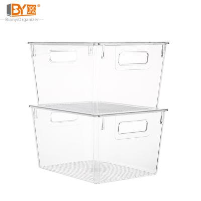 China Deep Freshness Keeping Clear Pantry Organizer Bins Household Plastic Food Storage Basket With Cutout Handles for sale