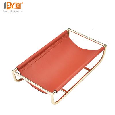 China Household CLASSIC Square Water Proof PU Leather Serving Tray With Handles for sale