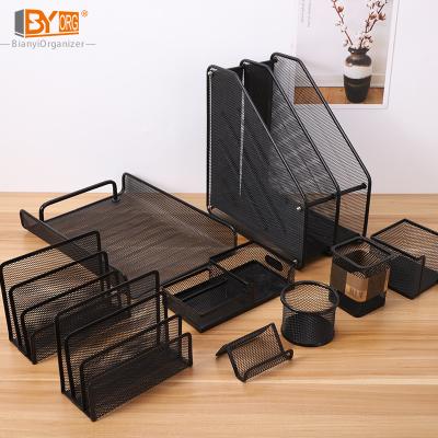 China Durable Whole Note Pen Holder Organizer Set Office Supplies Storage Organizer Metal Black File Stand for sale