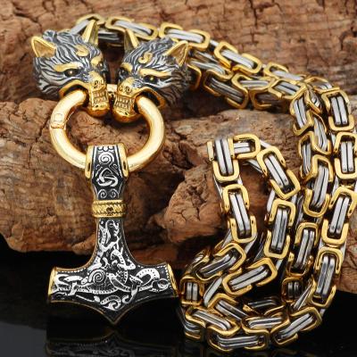 China Men's Necklace Wolf Head Norse Viking Amulet Thor Hammer Stainless Steel Pendant Fashion High Quality for sale