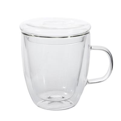 China Stored Double Wall Glassware Coffee Glass Mug Tea Drinking Glass Cup With Lid Mug for sale