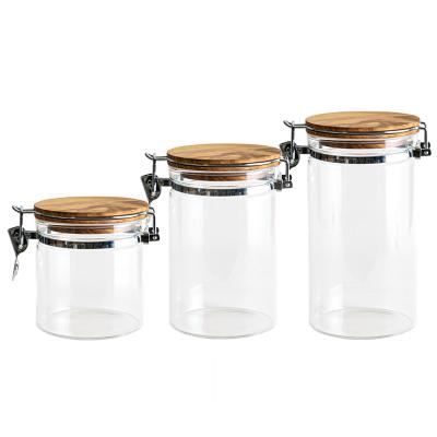 China Best Selling Freshness Preservation Empty Food Storage Glass Jars With Bamboo Lid And Metal Lock Hook for sale