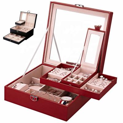 China Jewelery Packaging Mirror PU Leather Jewelry Boxes New Earring Ring Necklace Girls With Lock Jewelry Box Organizer Bracelet Watch Jewelry Storage for sale