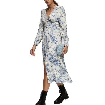 China Women Floral Print Midi Long Sleeve Dress Retro Vintage Anti-static Elegant One-piece Sexy Slit for sale