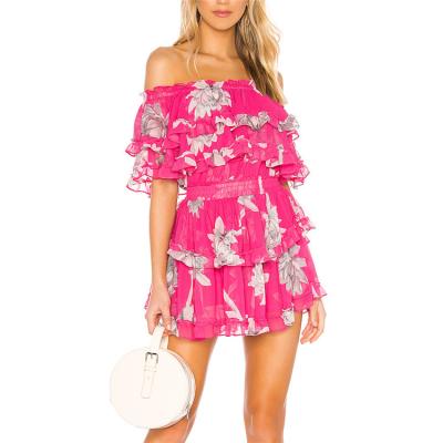 China Fashion Summer Breathable Short Sleeve Off The Shoulder Floral Print Ruffle Mini Dress For Women for sale