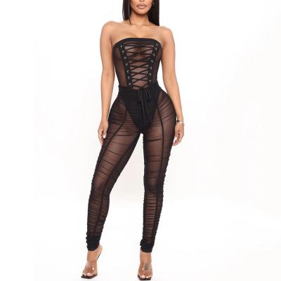 China Sexy Women QUICK DRY Casual Lace Up Corset Ruched One Piece Sheer Mesh Overalls For Night Club for sale