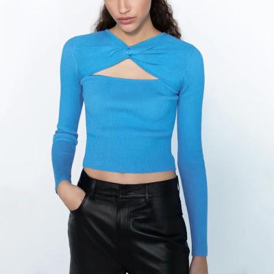 China Autumn New Fashion Hollow Out Wholesale V-Neckline Women Long Sleeve Knitted Crop Top Sexy QUICK DRY for sale