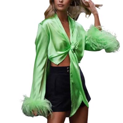 China Wholesale Green Sexy Deep Feather Satin Top V Neck Crop Women Anti-pilling Long Sleeve Shirt With Bow Tie for sale