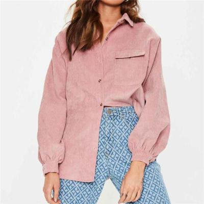 China Custom Pink Long Sleeve Puff Button Anti-Pilling Oversized Corduroy Shirt For Women for sale