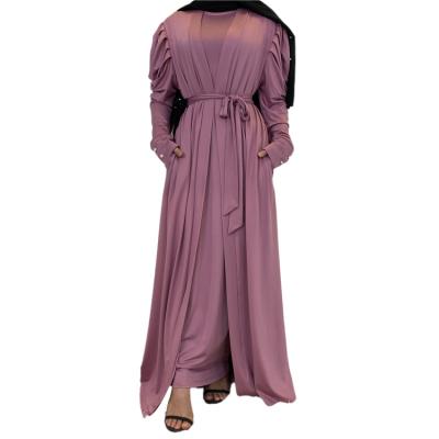 China Soft Breathable Skin Fiendly Plus Pleated Shoulder Islamic Muslim Turkish Abaya Open Size Middle East Wear Solid Color Dubai Dress With Belt for sale