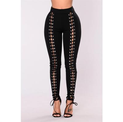 China Wholesale Women Plus Size Sexy Black Skinny High Rise Fashion Clothes Hollow Out Lace Up Pants for sale