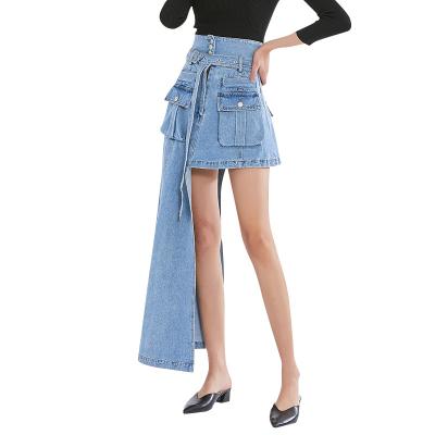 China Fashion Breathable Designer Women Pockets Street Irregular High Low Waist Denim Skirt New for sale