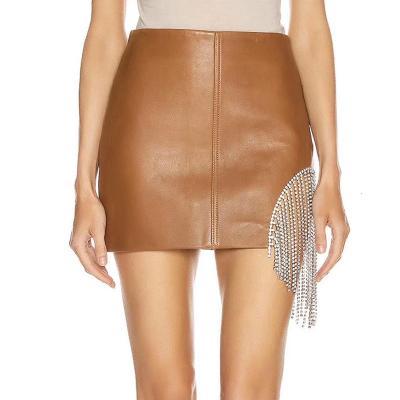 China New Fashion Designer Sexy Diamond Tassel Rhinestone Fringe Leather Faux Mini Skirt For Women Breathable for sale