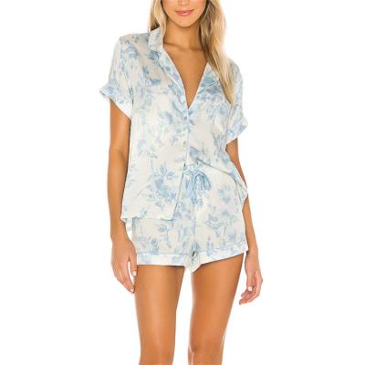 China Floral Print Satin Shorts Sleeve Shirts And Shorts QUICK DRY Custom Pajamas Sleep 2 Piece Sets Women for sale