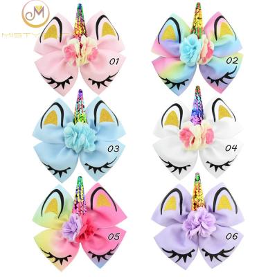 China Soft children's flip sequins bronzing simulation unicorn flower bow hairpin, headdress and hair accessories for sale