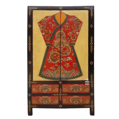 China New traditional design painting Tibet style antique carved two drawers and two door cabinet for sale